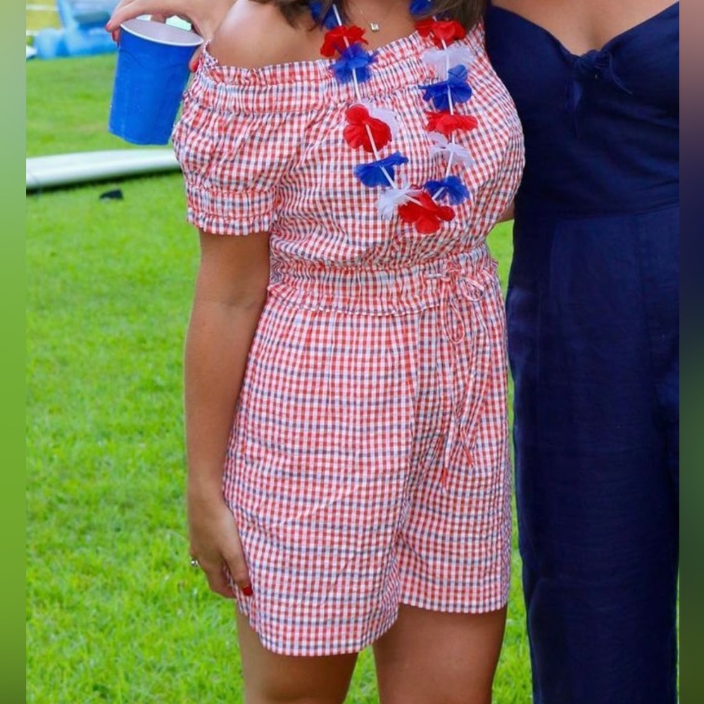 Anthropologie red,white, & blue plaid romper. Can be worn of the shoulder or on!
